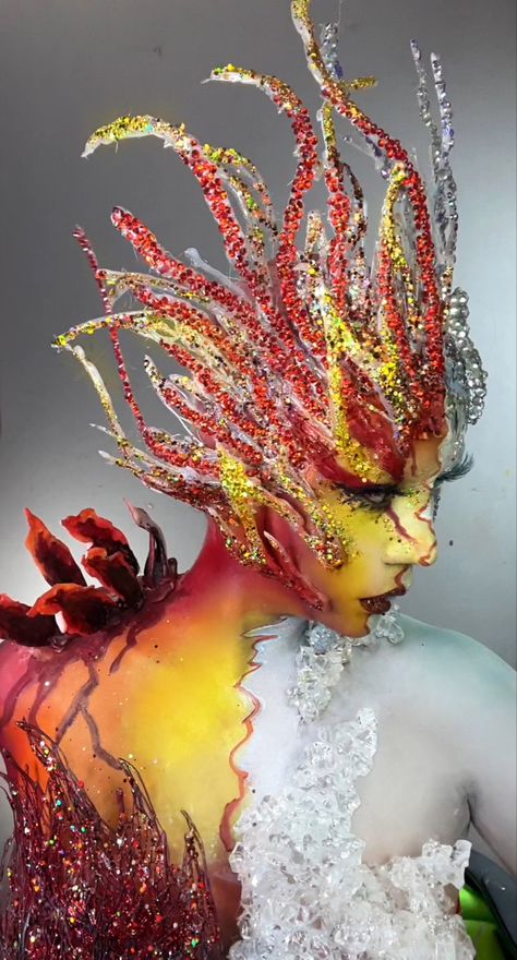 Elemental Makeup, Element Halloween Costume, Elements Costume, Fire Goddess Costume, Elements Makeup Air, Fire Elemental Makeup, Fire Themed Makeup, Fire And Ice Costume, Air Makeup Element