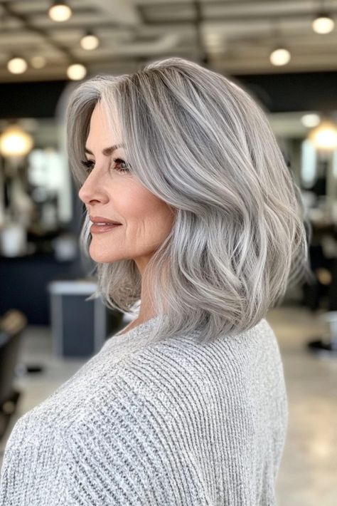 Gray Bob Hairstyles Lob Haircut Grey Hair, Gray Lob Hairstyles, Chic Gray Hair, Pretty Grey Hair, Gray Shoulder Length Hair, Gray Hair Bobs Older Women, Grey Hair Lob, Grey Hair Long Bob, Grey Hair Bob Older Women