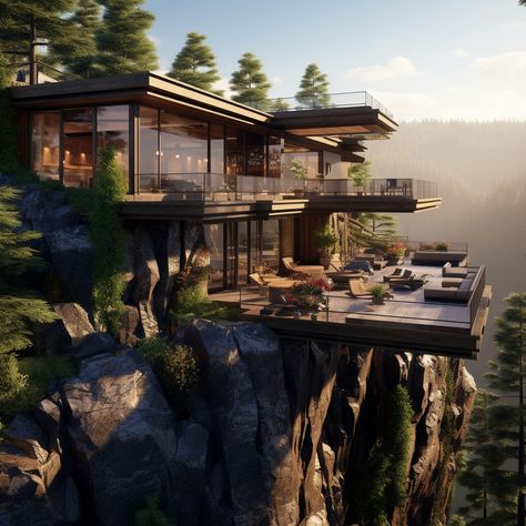 Modern houses on the cliffs Cliff Home Minecraft, Modern Cliffside House, Cliff Mansion, Cliffside Mansion, Forest Cliff, Cyprus House, Cliffside House, Cliff Beach, Minecraft Base