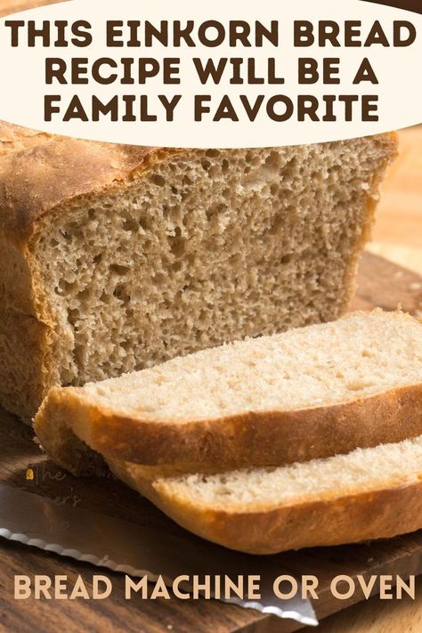 loaf of einkorn bread sliced Whole Grain Einkorn Bread, Emmer Flour Bread, Bread Machine Einkorn Bread, Einkorn Recipes Breads, Einkorn Quick Bread, Einkorn Graham Crackers, Einkorn Flour Bread Machine Recipes, Einkorn Sandwich Bread Recipe, Einkorn French Bread