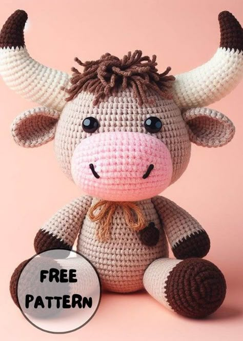 Free Crochet Funny Bull Amigurumi Pattern 1 Free Highland Cow Crochet Pattern, Yak Crochet Pattern, Crochet Highland Cow Free Pattern, Longhorn Crochet Pattern Free, Crochet Farm Animals Amigurumi, Crochet Bull Pattern, Crochet Bull Amigurumi Free Pattern, Free Crochet Bull Pattern, Crochet Cute Animals