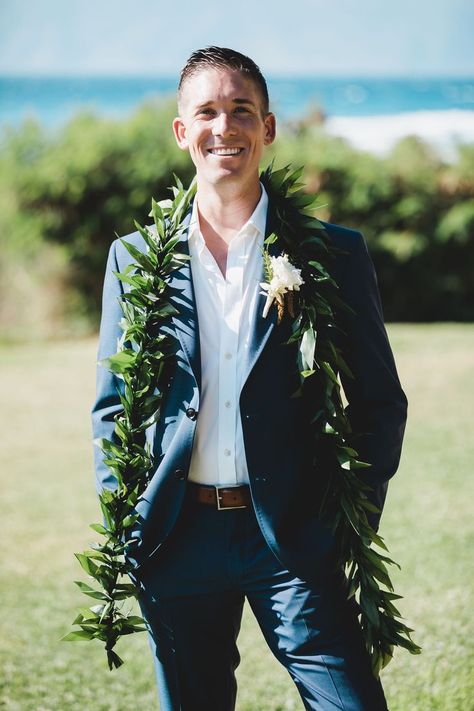 Groomsmen Hawaii Wedding, Tropical Wedding Groom, Tropical Groomsmen, Groom Lei, Maile Lei, Wedding Lei, Aloha Wedding, Blue Tux, Grooms Suit