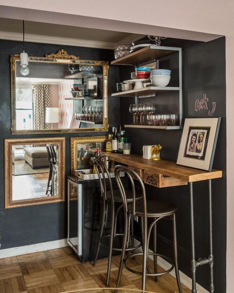 Small Basement Bars, Small Basement Bar Ideas, Bar Nook, Black Painted Walls, Baby Room Colors, Industrial Mirrors, Rustic Industrial Decor, Rustic Bar, Small Basements