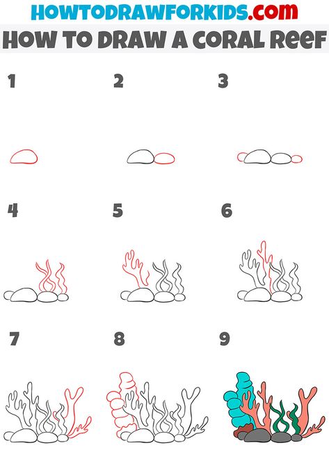 how to draw a coral reef step by step Coral Reef Watercolor Easy, Coral And Fish Drawing, Drawing Of Coral Reef, Drawings Of Coral, Coral Drawings Simple, How To Draw A Coral Reef, Simple Coral Reef Drawing, Ocean Life Drawings Easy, How To Draw Coral Reef Step By Step