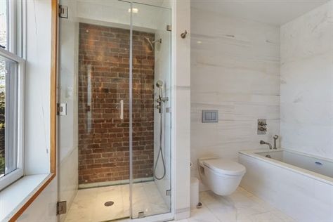 gorgeous bathroom with exposed brick in the shower Apartment Kitchen Inspiration, Brick Bathroom, Chicago Condo, Apartment Decorating For Couples, Industrial Style Kitchen, Trendy Apartment, Floor Bathroom, Gorgeous Bathroom, Upstairs Bathrooms