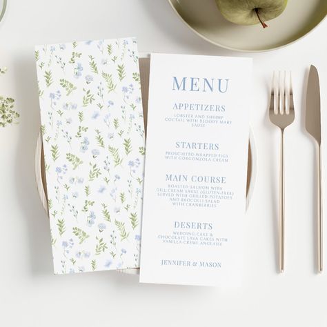 Flower Garden Wedding, Summer Wedding Menu, Details Card Wedding, Rustic Wedding Menu, Spring Flower Garden, Watercolor Light, Blue Spring Flowers, Wedding Menus Design, Wedding Reception Details