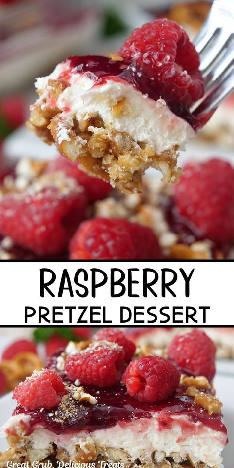 A double photo collage of raspberry pretzel dessert. Raspberry Pretzel Dessert, Fresh Raspberry Desserts, Raspberry Pretzel Salad, Pie Filling Desserts, Quick Yummy Desserts, Raspberry Cream Pies, Pretzel Dessert, Sour Cream Desserts, Raspberry Pie Filling