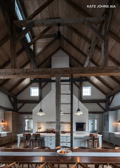 The owners removed the hayloft so that the dramatic vaulted ceiling would have a full view of the rafters. A mix of modern and traditional styles strikes an easy balance in the large space. Barndominium Interior, Ranch House Designs, Popular Living Room, Rustic Loft, Animal Crossing 3ds, Barndominium Floor Plans, Barn Conversion, Metal Building Homes, Barn House Plans