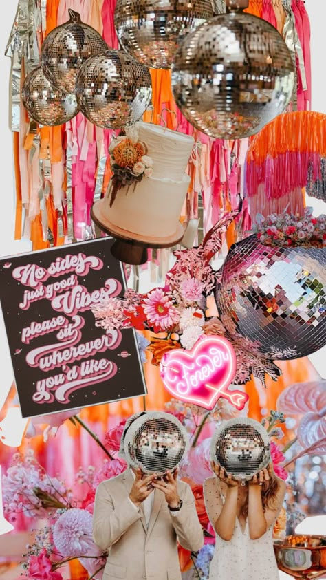 #discowedding #disco #wedding #retrowedding #myfirstshuffle Eclectic Birthday Decor, Disco Backyard Party, Eclectic Birthday Party, Disco Cowgirl Wedding, Disco Theme Wedding, Disco Wedding Reception, Disco Wedding Theme, Disco Garden Party, Boho Disco Wedding