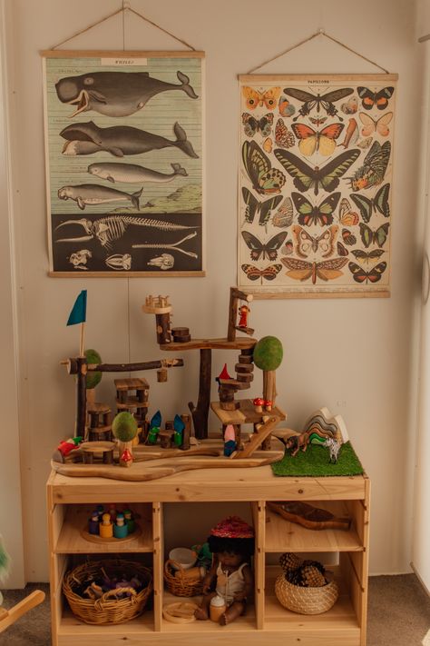 Living Room With Kids Area, Baby Room Montessori, School Room Homeschool, Wooden Playroom, Woodland Playroom, Vintage Playroom, Childhood Room, Waldorf Playroom, Wooden Tree House