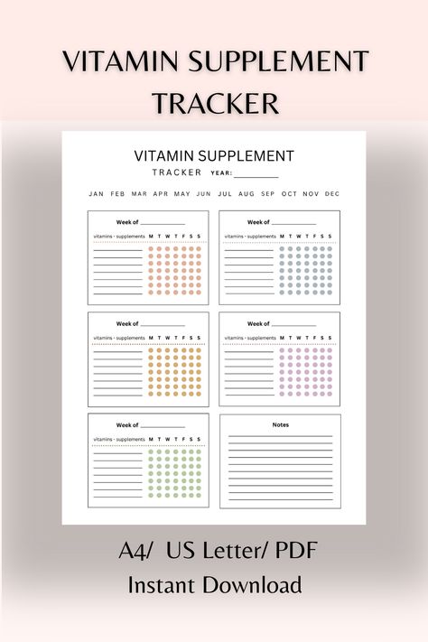 Bujo Vitamin Tracker, Vitamin Tracker Printable Free, Supplement Tracker, Vitamin Tracker, Vitamin Charts, Medical Binder, Notes Printable, Journal Entry, Health Planner