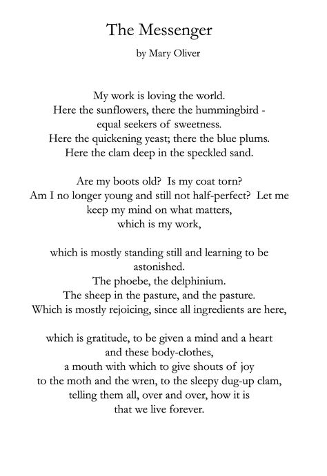 The Messenger ~ Mary Oliver Mary Oliver (born September 10, 1935) is an American poet who has won the National Book Award and the Pulitzer Prize. The New York Times described her as "far and away, [America's] best-selling poet".[1 Mary Oliver Quotes, Mary Oliver Poems, Mary Oliver, The Messenger, Poetry Words, A Poem, Poem Quotes, Wonderful Words, Hummingbirds