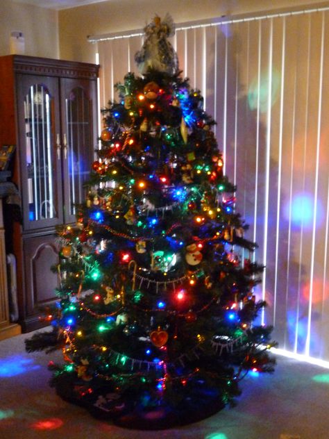 Christmas Tree Decor Aesthetic, Christmas Trees With Colored Lights, Christmas Tree Themes Farmhouse, Colorful Lights Christmas Tree, Colorful Christmas Tree Lights, Christmas Tree With Colored Lights, Christmas Tree Colored Lights, Best Christmas Tree Stand, Christmas Tree Colorful