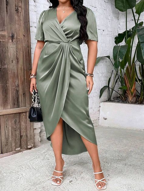 Green Plus Size Dresses, Bride Lingerie, Lemon Chiffon, Plus Size Kleidung, Orange Fashion, Evening Party Dress, Dress Plus Size, Twist Front, Hem Dress