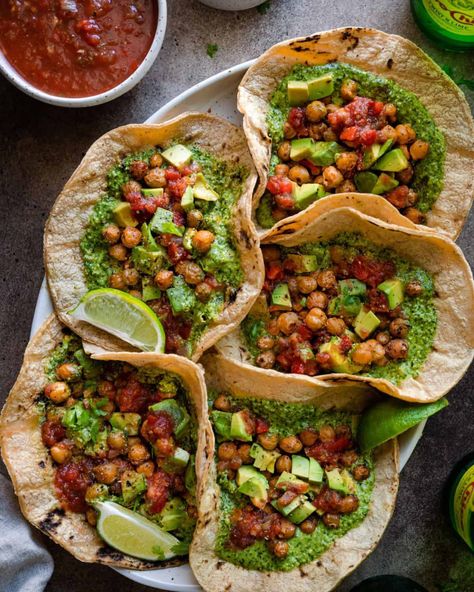 20-Minute Chickpea Tacos - Rainbow Plant Life Pesto Uses, Grilled Vegetable Skewers, Rainbow Plant Life, Chickpea Tacos, Easy Taco Recipes, Cilantro Pesto, Spiced Chickpeas, Roasted Cashews, Baked Tofu