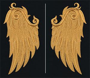 Embroider these wings in rich golden thread (or any other color you like) to create fanciful garb, everyday fashions, and stunning decor! Size listed is for one wing; stitch count listed is for both wings. Clothing Embellishments, Gold Wedding Dresses, Mom Embroidery, Flower Room Decor, Heraldry Design, Angel Paintings, Engraving Wood, Gents Kurta Design, Gents Kurta