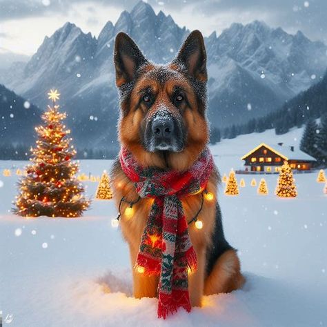 ADULT GERMAN SHEPHARD IN 3D IN NATURAL ALSATIAN COLOUR WEARING CHRISTMAS HEAD SCARF WITH BRIGHT GLITTERING LIGHTS. BACKGROUND LOTS OF SNOW IN OPEN FIELD and large snow flakes falling on MOUNTAIN IN BACKGROUND with a few warm lighted homes - Image Creator from Microsoft Designer Christmas Critters, Wolf Quotes, Snow Flakes, Dog Rules, Open Field, Shepherd Dogs, German Shepherd Dog, German Shepherds, Lights Background