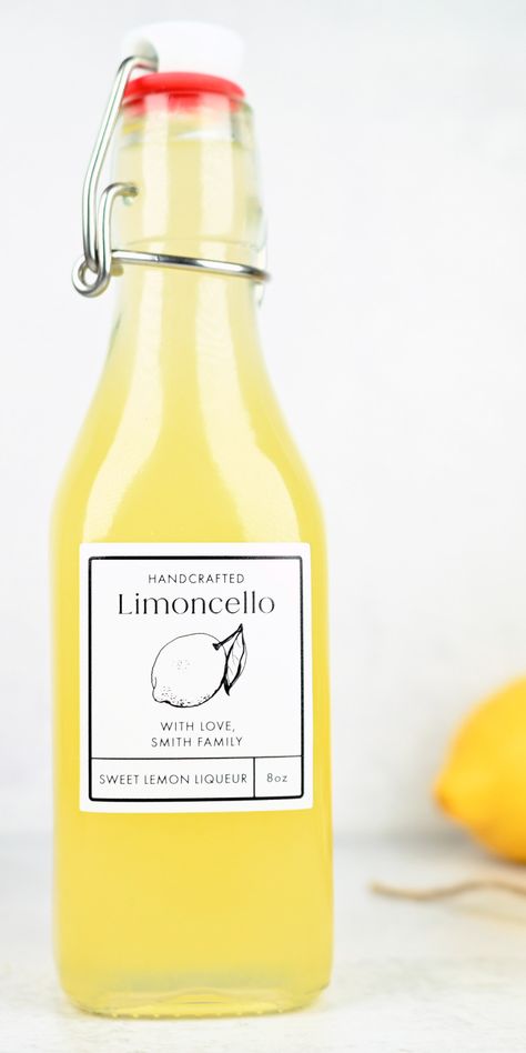 Limoncello Label that is black and white with a lemon on a swing top bottle filled with Lemon Liqueur. Homemade Limoncello Labels, Limoncello Labels, Homemade Limoncello, Oil And Water, Personalized Stickers, Food And Beverage, White Vinyl, Water Proof, Liqueur