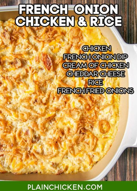 French Onion Chicken and Rice Bake recipe – cooked chicken, sour cream french onion dip, cream of chicken soup, shredded cheddar cheese, rice and french fried onions – use rotisserie chicken and it is ready for the oven in 5 minutes! On the table in 20 minutes! Super quick weeknight casserole! We made this twice in a week it was so good.🐔 Sour Cream Onion Chicken, French Onion Dip Chicken Thighs, French Onion Dip Chicken Casserole, French Onion Chicken Hashbrown Casserole, Deans French Onion Dip Chicken, Lipton Onion Soup Mix Recipes Chicken Rice Casserole Recipes, French Onion Chicken And Rice Casserole, French Onion Chicken And Rice Bake, Onion Crusted Chicken