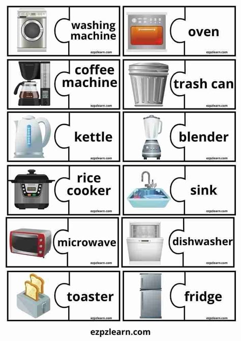 Match the kitchen objects to their names! This fun and educational game is perfect for kids of all ages. Print it out and play Kitchen For Kids, Preschool Charts, Kitchen Objects, Printable Puzzles For Kids, Kitchen Words, English Activities For Kids, Learning English For Kids, English Games, Match Game