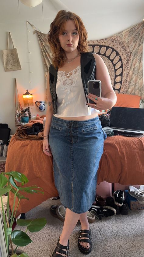 grandmas old leather biking vest with a vintage silky lingerie top, thrifted lace up denim skirt and the 3 strap buckle doc marten sandals! Vintage Doc Martens Sandals, Doc Martens Sandals Outfit Summer, Doc Marten Sandals, Doc Martens Sandals, Sandals Outfit Summer, Martens Sandals, Slight Edge, Doc Marten, Lingerie Top