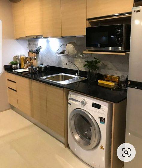 Utensil Washing Area Ideas, Laundry Kitchen Combo Small Spaces, Small Kitchen Laundry Combo, Small Kitchen With Washing Machine, Kitchen With Utility Area, Kitchen Laundry Combo Layout, Parallel Kitchen Design, Small Kitchen Plans, Compact Kitchen Design