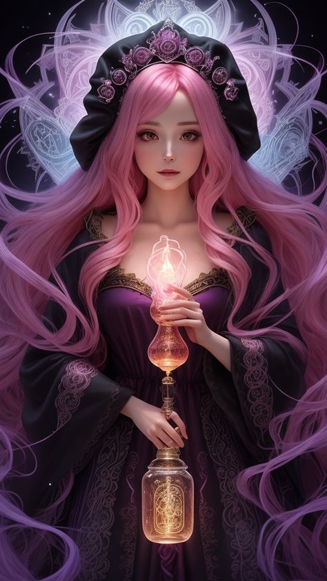 A whimsical scene unfolds, featuring a pink-haired witch holding a glowing potion in an ornate, mystical bottle. Pink Haired Witch, Glowing Potion, Pretty Art, Pink Hair, Beautiful Images, Witch, The Incredibles, Hair, Pink