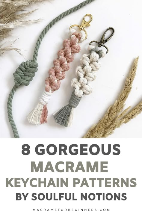 Are you looking for a fun and small Macrame project that’s super easy to make? Get started with DIY Macrame Keychain tutorials! Here are 8 beginner-friendly and free keychain patterns by Soulful Notions! Macrame keychains are really easy to make and the perfect quick projects for leftover cord scraps. When you’re looking for key clasps and keyrings, I can recommend checking Etsy for local suppliers. Check this list for some of our favorite finds! #macrame #macramekeychain #macramepattern Macrame Key Chains Patterns, Macrame Cord Projects, Macrame Keyring Tutorial, Macrame Keychain Tutorials, Macrame Scraps, Diy Macrame Keychain Tutorials, Easy Macrame Keychain, Macrame Key Chains, Small Macrame Projects