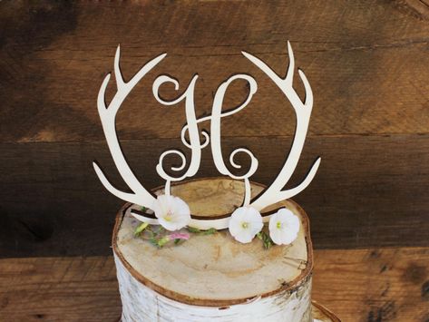 Antler Monogram Cake Topper | Rustic Wedding | CraftCuts.com Antler Wedding Cake, Buck Cake, Deer Cake Topper, Country Wedding Cake Toppers, Deer Cake, Deer Cakes, Antler Monogram, Antler Wedding, Country Wedding Cakes