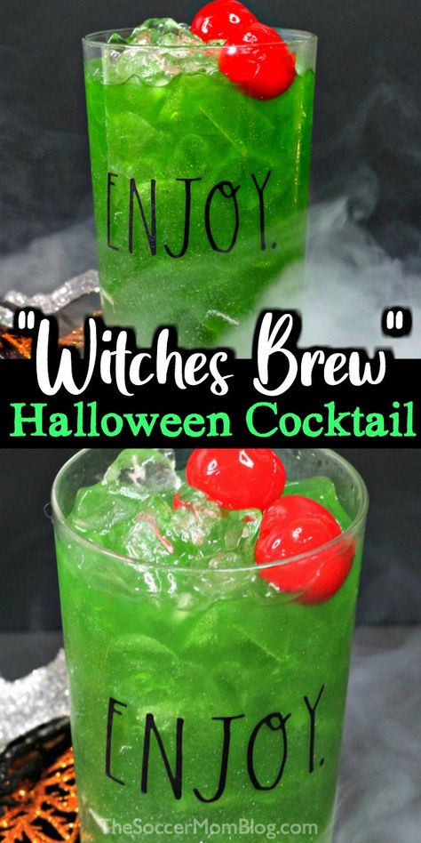 Fun Halloween Cocktail Recipes, How To Decorate A Witches Hat, Witch Appetizers, Slushy Ideas, Witches Brew Cocktail Recipe, Sparkly Drinks, Witches Brew Drink, Witches Brew Cocktail, Cocktails For Halloween