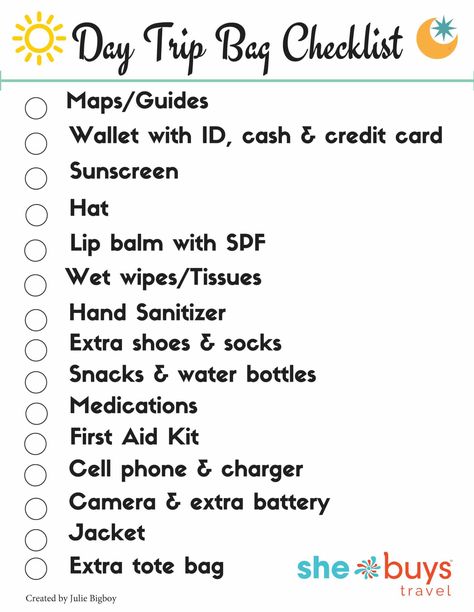 How to Pack a Day Trip Bag - Free Printable Checklist! | SheBuysTravel One Day School Trip Packing List, What To Pack For A Day Trip, 1 Day Trip Packing List, Day Trip Bag Essentials, Travel Bag Packing, Day Trip Essentials, Trip Bags, Layered Clothing, Checklist Travel