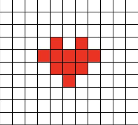 A small pixel art template of a red cartoon heart without the shading and outline.

This heart represents "gratitude, love, happiness, hope, or even flirtatiousness". Mini Pixel Art, Pixel Art Heart, Tiny Cross Stitch, Easy Pixel Art, Pixel Art Templates, Pixel Drawing, Diy Perler Bead Crafts, Pixel Crochet, Pix Art