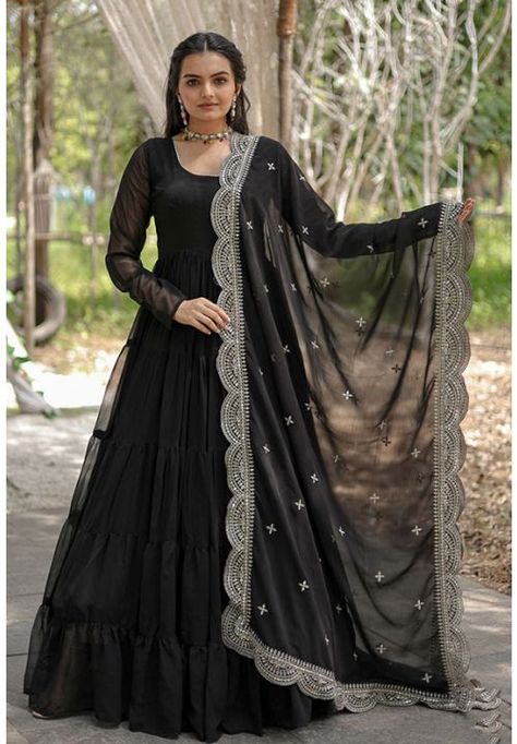 Black Georgette Gown with Dupatta - URB4803R Black Anarkali Dress, Anarkali Suits Bollywood, Black Anarkali, Sharara Designs, Georgette Gown, Gown With Dupatta, Refined Fashion, Anarkali Kurta, Anarkali Gown