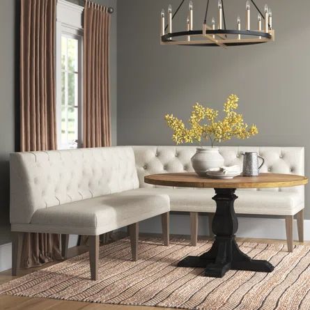 Laurel Foundry Modern Farmhouse Spady 168" Wide Right Hand Facing Sofa & Chaise | Wayfair Corner Banquette Seating, Pond Walkway, Neutral Dining Room Decor, Seating In Kitchen, Dining Room Banquette, Nook Bench, Corner Banquette, Leather Chaise Sectional, Banquette Seating In Kitchen