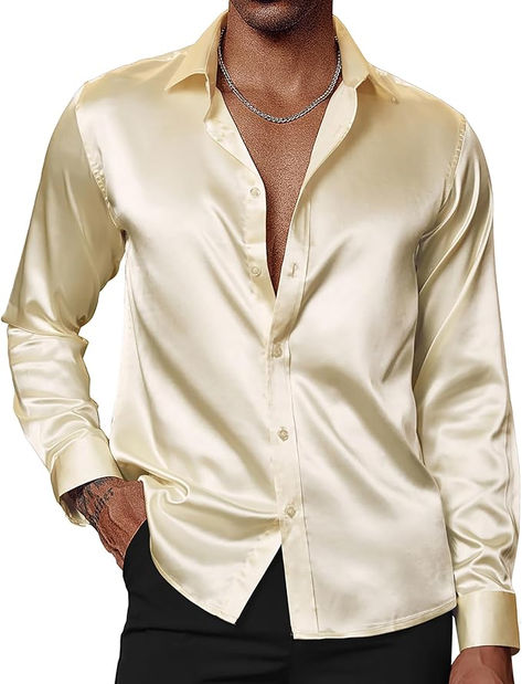 Mens satin shirt is delicate, shiny silk like fabric exudes elegance and sophistication, smooth satin finish feels great against skin, lightweight and draped very well, nice silky comfy to wear Mens Satin Shirt, Wedding Party Night, Night Out Club, Satin Shirts, Shirt Wrinkles, Shirt Jacket Men, Satin Shirt Dress, 70s Shirts, Disco Shirt