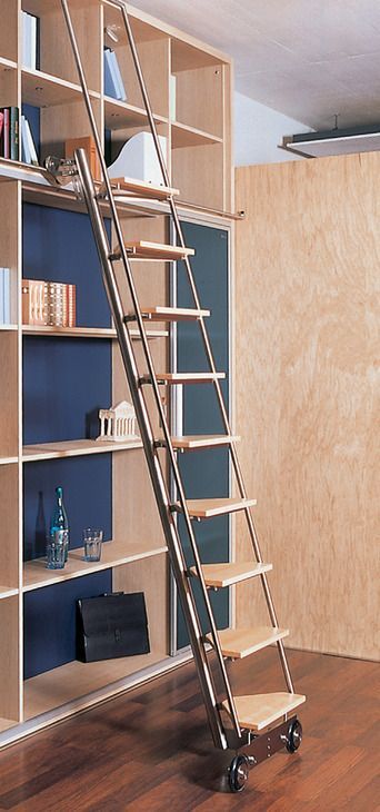 Sliding ladder, with steps, birch - order from the Häfele N.Z. Shop Sliding Ladder Bookshelf, Library Ladders Rolling, Library Ladders, Loft Railing, Sliding Ladder, Stair Slide, Loft Staircase, Tile Display, Rolling Ladder