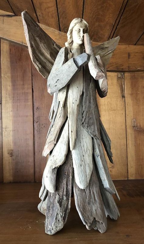 Driftwood Angels, Carved Driftwood, Angel With Trumpet, Driftwood Creations, Driftwood Art Diy, Wooden Angel, Driftwood Projects, Angel Sculpture, Driftwood Sculpture