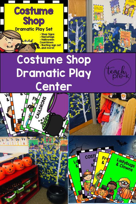 Dramatic Play Center Halloween Costume Shop! This Halloween Costume Shop sign and prop set is just what you need to make your Dramatic Play Center come to life for Halloween! Add your own costumes, Trick or Treat bags, Halloween decorations, and cash register and you are ready to go! Students will love the playing 'customers & store clerks' as they learn vocabulary, practice social skills, and use their imaginations! Halloween Costume Shop Dramatic Play, Halloween Dramatic Play For Toddlers, Dramatic Play Halloween Preschool, Costume Shop Dramatic Play, Halloween Dramatic Play, Dramatic Play Centers Preschool, Treat Bags Halloween, Halloween Lesson Plans, Dramatic Play Themes