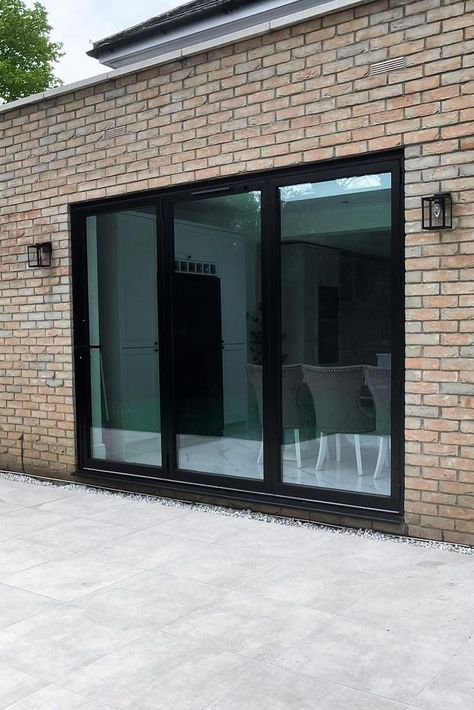 Black Aluminium Bifold Doors, Black Bifold Doors, Bi Folding Doors, Blinds For Bifold Doors, Glass Bifold Doors, Front Door Interior, Grey Blinds, Grey Patio, Roof Lantern