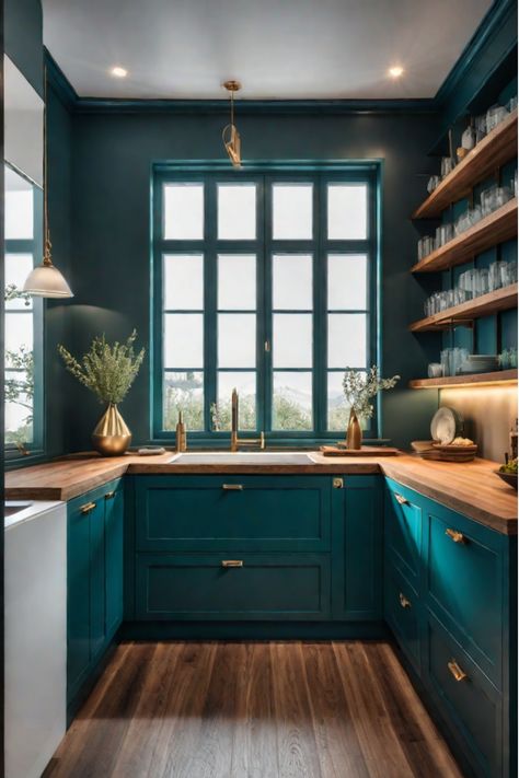 Kitchen cabinets in a variety of unexpected colors Teal Kitchen Cabinets Gold Hardware, Kitchen Jewel Tones, Moody Teal Kitchen, Jade Green Cabinets Kitchen, Teal Walls Kitchen, Jewel Tone Kitchen Cabinets, Teal Color Palette Kitchen, Black And Teal Kitchen, Turquoise Cabinets Kitchen