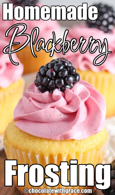 Black Raspberry Cupcakes, Blackberry Cream Cheese Frosting, Blackberry Cupcakes Recipes, Blackberry Frosting Recipe, Frosting Tricks, Blackberry Buttercream Frosting, Blackberry Frosting, Cupcake Filling, Blackberry Buttercream