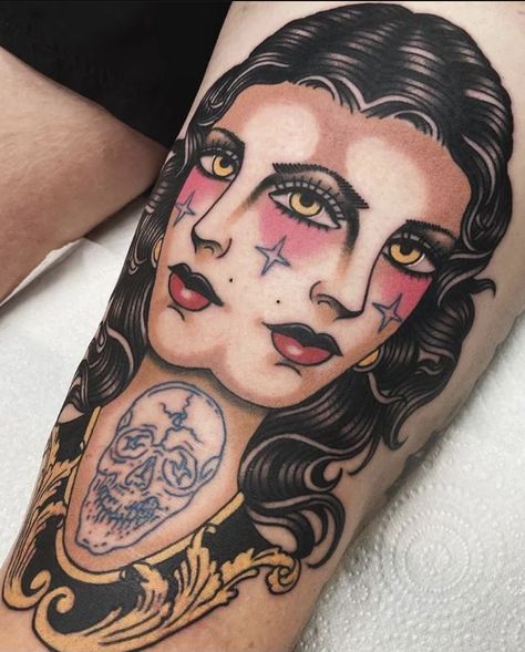 Traditional Madussa Tattoo, Trad Girl Tattoo, Three Eyes Tattoo, Trad Hand Tattoo, Traditional Lady Face Tattoo, Traditional Portrait Tattoo, Traditional Girl Tattoo, Horror Traditional Tattoo, Traditional Horror Tattoo