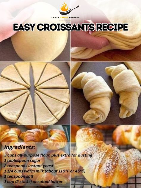 Making croissants from scratch can be a bit of a process, but this simplified recipe aims to make it more accessible while still delivering the buttery, flaky goodness you crave. For those who love the art of baking, taking on croissants can be a rewarding endeavor. Let's get started! Easy Croissants Recipe 🥐 Enjoy the delightful layers of these homemade croissants, a simplified version that brings Parisian charm to your kitchen. Ingredients: 3 cups all-purpose flour, plus extra for dusti... Homade Croissant, Flakey Croissant Recipe, Cool Baked Goods, Homemade Crissonts Recipe, Homemade Crossiant Rolls, Diy Croissants Recipes, Crosaint Recipes Easy, Easy Croissant Recipe 3 Ingredients, Glazed Croissants Recipe