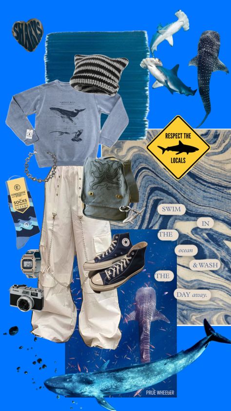 #shark #whale #ocean #outfitinspo #aesthetic #sea #fitinspo #blue Whale Shark Outfit, Ocean Outfits, Shark Whale, Aesthetic Sea, Sea Clothes, Ocean Aesthetic, Outfit Collage, Sea Theme, Whale Shark