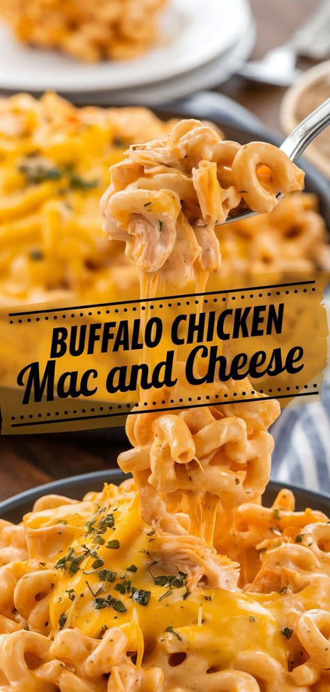 Easy Buffalo Chicken Mac and Cheese – This easy buffalo chicken mac and cheese is a one-pan wonder! Perfectly cheesy with tender chicken and a spicy buffalo sauce, it’s a crowd-pleaser. Easy Chicken And Cheese Recipes, Canned Buffalo Chicken Recipes, Queso Chicken Mac And Cheese, Buffalo Parmesan Garlic Chicken Pasta, Buffalo Sauce Meals, Loaded Mac N Cheese, Buffalo Mac And Cheese Recipe, Buffalo Chicken Recipes Easy, Buffalo Mac N Cheese Recipe