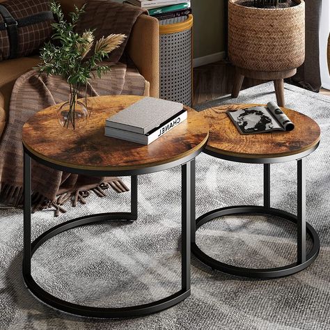 KOTPOP Industrial Nesting Coffee Table Coffee Table For Balcony, Rustic Round Table, Small Modern Living Room, Balcony Living Room, Nesting End Tables, Side Table Set, Nesting Coffee Table, Wooden Side Table, Large Coffee Tables