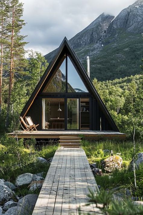 Cabin With an A-frame Design Minimalist A Frame House, A Frame Cabin Exterior, A Frame Cabin Floor Plans, A Frame Interior, Aframe Cabins, Small A Frame Cabin, Cabin Contemporary, Small Mountain Cabin, Prefab Log Cabins