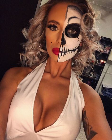 Half Painted Face Halloween, Halloween Half Face Makeup, Half Face Skeleton Makeup, Halloween Makeup Half Face, Skeleton Makeup Half Face, Half Skeleton Face, Marilyn Monroe Halloween, Guys Halloween Makeup, Half Face Halloween Makeup