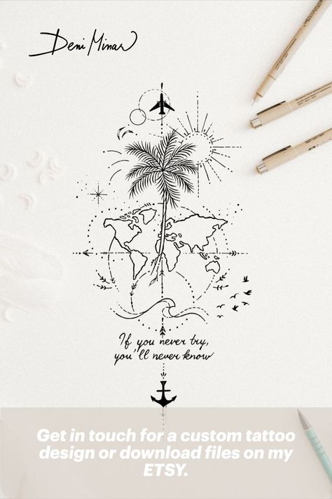 World map tattoo - Travel tattoo with anchor and trees are delicate line drawings by a Slovak artist Deni Minar. These elegant artworks were created for all travel lovers and explorers. Open for commissions - get in touch via Instagram if you would like your own personal drawing. This post is about - Tattoo art, beautiful tattoo, travel tattoo, tattoo for women, world map tattoo, compass tattoo, adventure art, nature lovers. #tattooidea #tinytattoo #linedrawing #tattooartist Tropisches Tattoo, Tattoos Simplistic, Tatoo Dog, World Map Tattoos, Globe Tattoos, Map Tattoos, Palm Tattoos, Muster Tattoos, Delicate Tattoo