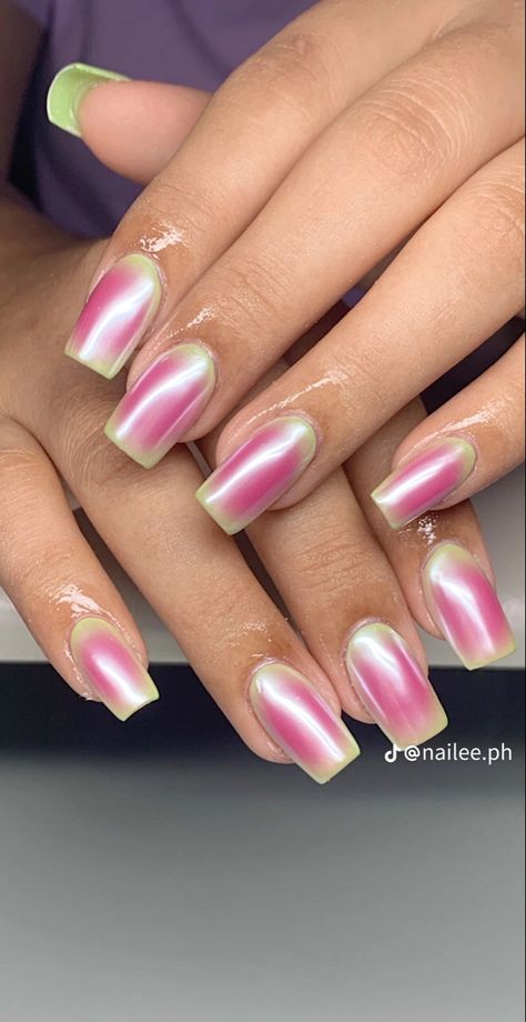 Aura Nail, Aura Nails, Pink Aura, Nail Ring, Green And Pink, Green Nails, Sweet Sixteen, Nude Nails, Almond Nails